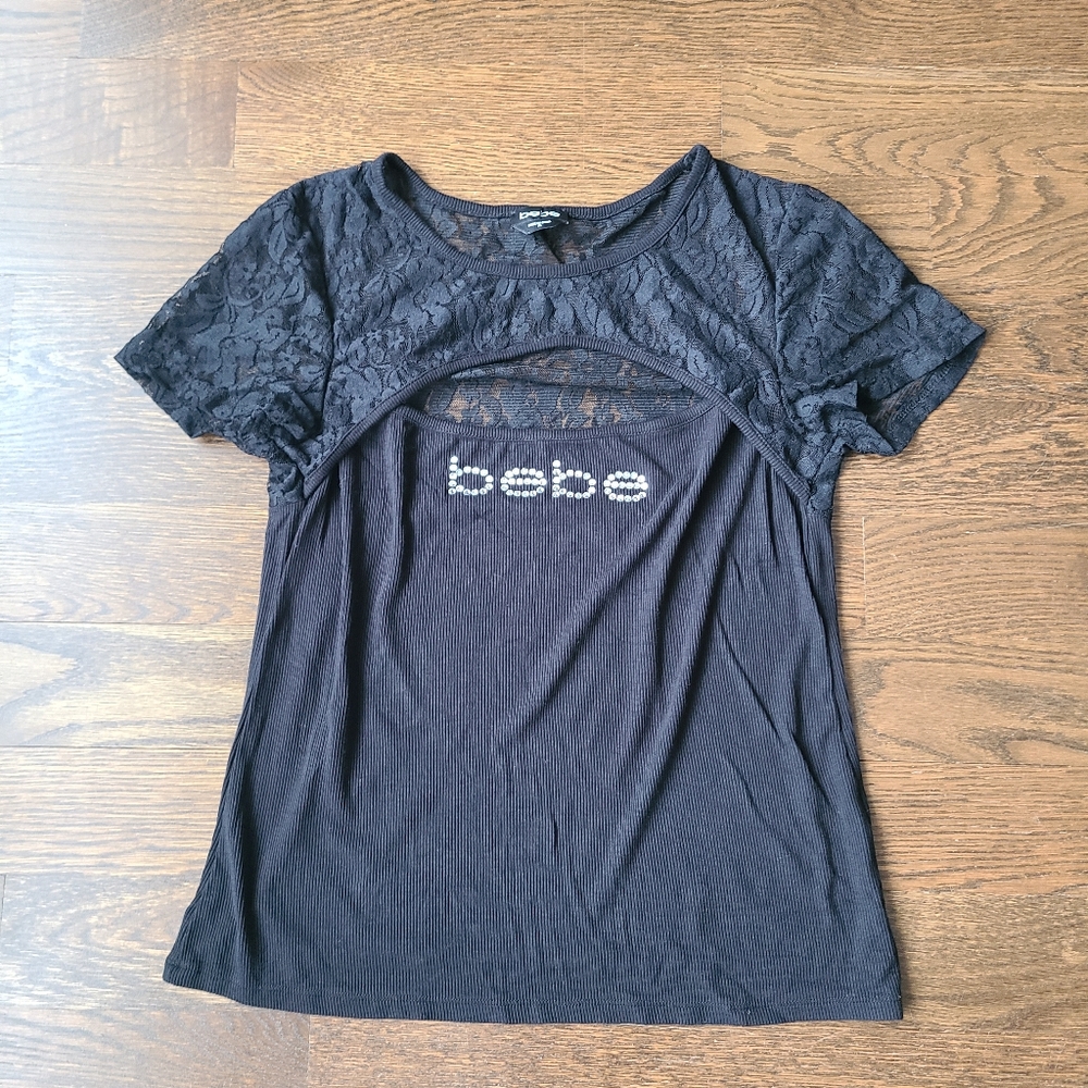Bebe logo shirt  Black Lace  Women's Top sz.XL